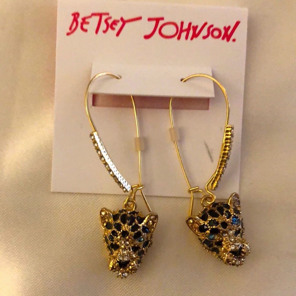 Betsey Johnson Gold Tone True Leopard Hook Drop Earrings Crystal Accents NWT